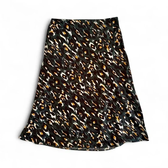 Express Dark Green Leopard Print Satin Silky Midi Slip Skirt Medium Autumn - Picture 2 of 8